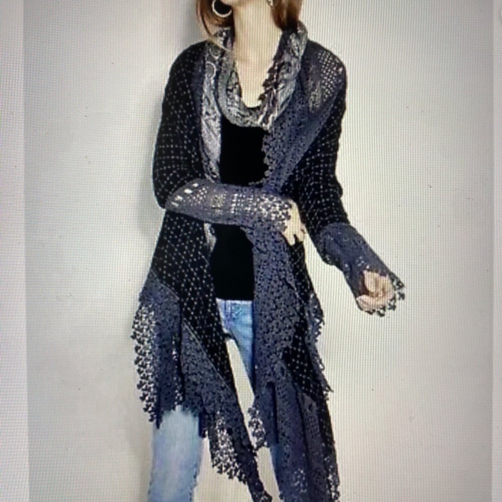 JOHNNY WAS Antoinette Crochet Jacket Blue Waterfall Cardigan Eyelet Boho S EUC